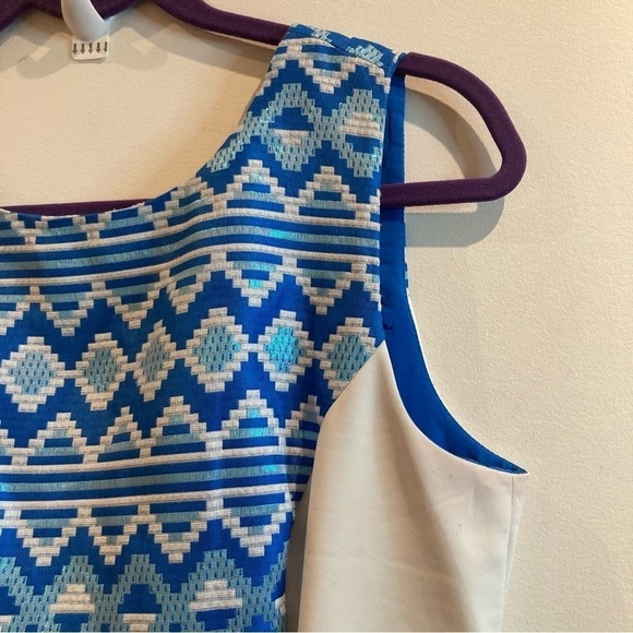 BELLE by Badgley Mischka Sz 8 Metallic Aztec Motif White Accent Midi Dress - Picture 3 of 13